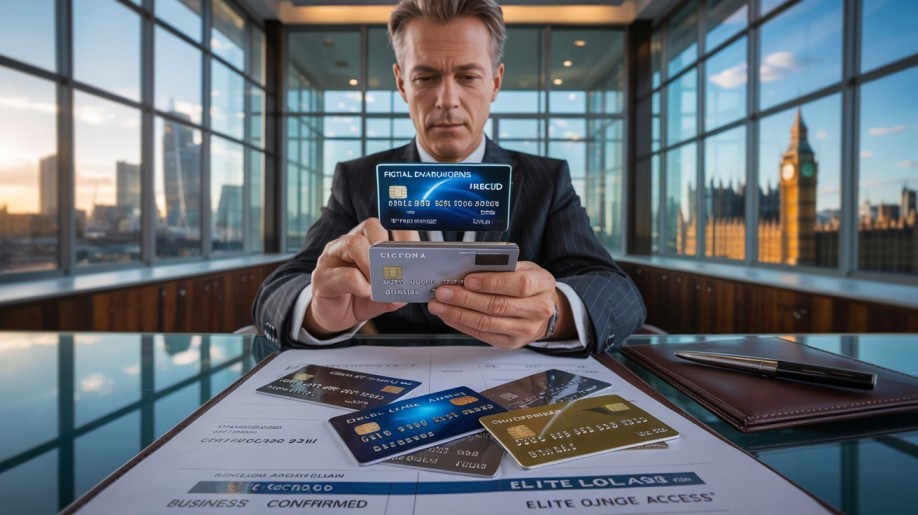 Premium Executive Travel Cards USA 2026 corporate executive reviewing premium metal credit card limits on luxury smartphone